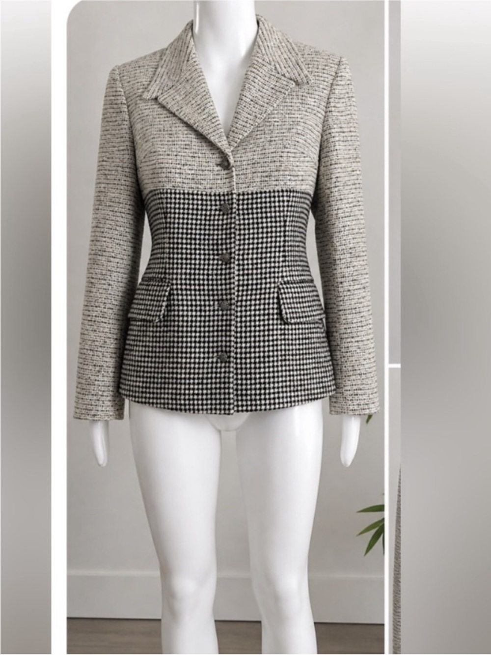 Nicoletta Ruggiero Virgin Wool Two-Tone Tweed & Houndstooth Button Jacket Sz 10